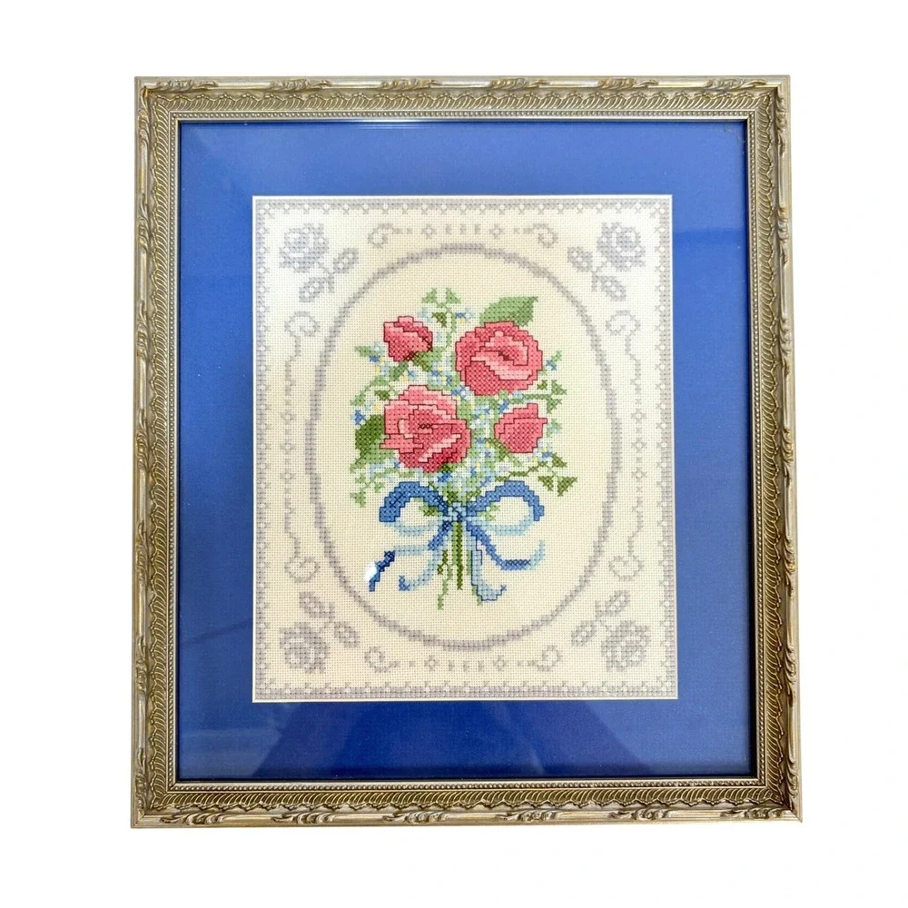 Vintage Framed Floral Cross Stitch Rose Bouquet Coquette Gold Gilt Frame 10x12